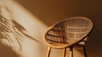 A wicker chair sitting in front of a wall photo