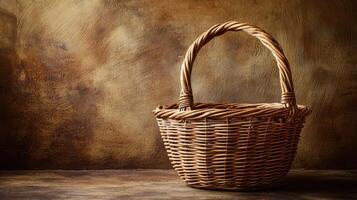A wicker basket on a wooden table photo