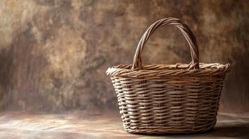 A wicker basket on a wooden table photo