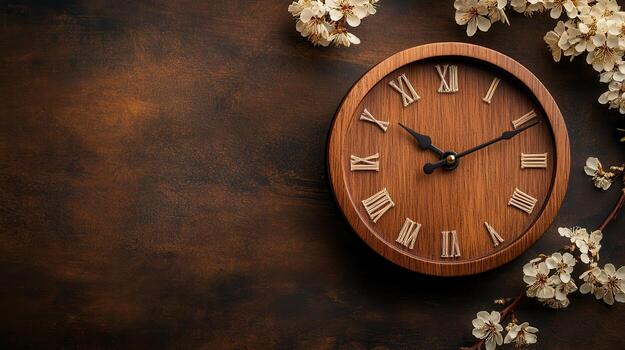 A clock and flowers on a brown background photo