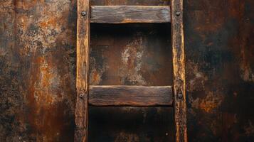 Old wooden ladder against a rustic wall photo