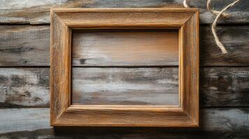 A wooden frame on a wall with a rope photo
