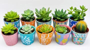Colorful collection of potted succulents arranged in a decorative display with various patterns and vibrant colors photo