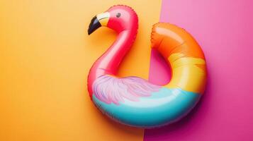 Colorful inflatable flamingo float rests on vibrant background, perfect for summer fun or pool parties photo