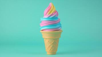 Colorful swirls of ice cream in a cone against a vibrant background create a playful dessert display photo