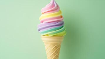 Colorful swirl ice cream cone stands on a light green backdrop, illustrating a delightful summer treat for warm days photo
