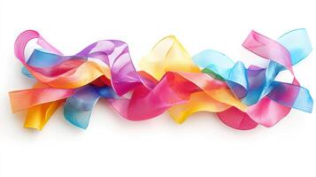 Colorful, translucent ribbons of various hues twisted together, creating an artistic display of light and shadow in bright daylight photo