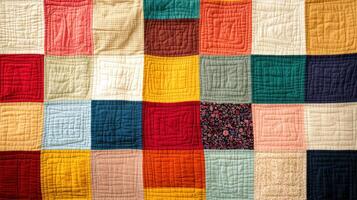 Colorful patchwork quilt displayed for appreciation in a warm interior setting, showcasing intricate stitching and diverse fabric patterns photo