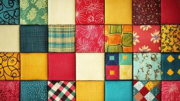 Colorful fabric squares arranged in a quilt pattern showcasing various patterns and textures in textiles photo