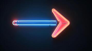 Bright neon arrow sign pointing to the right on a dark background, signaling direction in a modern setting photo