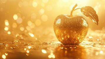 Golden apple on reflective surface with sparkling background illuminating the scene during a soft glow photo