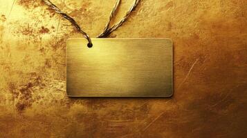 Gold blank label tag hanging on a textured golden surface depicting elegance and simplicity photo