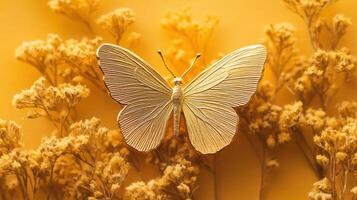 Golden butterfly perched on delicate yellow flowers in a vibrant warm setting photo
