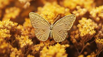 Golden butterfly ornament resting among bright yellow flowers in a sunny garden setting photo