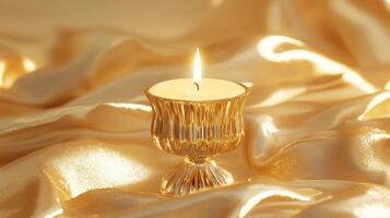 Elegant golden candle illuminating smooth golden fabric in a serene atmosphere during a cozy evening gathering photo