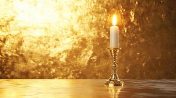 Elegant candle illuminating a golden backdrop on a reflective surface during a tranquil evening setting photo