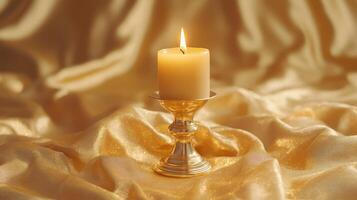 Elegant candle glowing softly on golden fabric, creating a warm and inviting atmosphere for relaxation photo