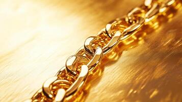 Close-up view of a shiny gold chain on a reflective surface highlighting its intricate links and craftsmanship photo