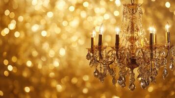Elegant crystal chandelier shines brightly against a golden bokeh background, creating a luxurious atmosphere for any setting photo