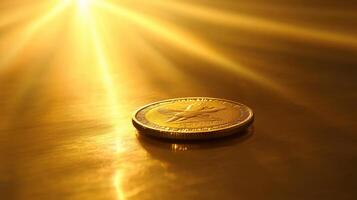 Glimmering gold coin illuminated by warm light on a reflective surface during late afternoon photo