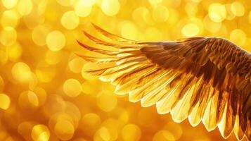 Stunning golden bird wing captured in soft light with shimmering bokeh background at sunset photo