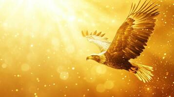 Majestic eagle soaring through golden sunlight with wings extended in flight photo