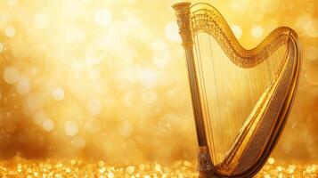 Elegant golden harp shines against a shimmering backdrop during a music performance photo