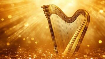 Golden harp illuminated by sparkling light creates a magical atmosphere for music lovers photo