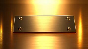 Golden metallic plate with a polished finish reflecting warm light in a modern setting photo
