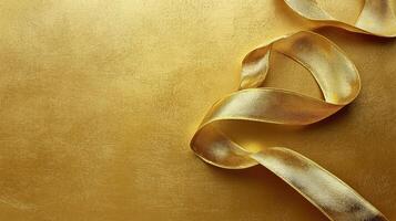 Golden ribbon elegantly draped on a shimmering golden background for festive celebrations photo
