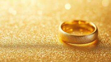 Golden wedding ring glimmers on sparkling surface, symbolizing love and commitment in a vibrant setting photo