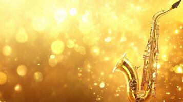 Golden saxophone with sparkles creating an elegant atmosphere in a vibrant music setting photo