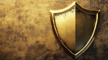Golden shield displayed against a textured golden background highlighting protection and strength photo