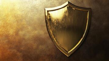 Golden shield emblem against a textured background representing protection and security ideas photo