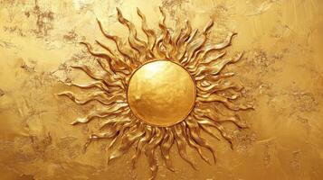 Beautiful golden sun motif with intricate rays displayed on textured wall for artistic ambiance photo