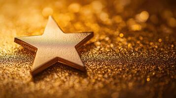 Golden star ornament on shimmering surface reflecting warm light in a festive atmosphere photo