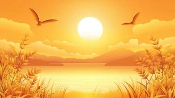 Golden sunset over tranquil lake with silhouettes of birds soaring in the sky and gentle hills in the background creating a serene landscape photo