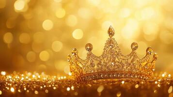 Golden crown sparkling on a bed of shimmering gold, creating an atmosphere of luxury and elegance photo
