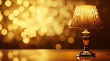 Elegant table lamp illuminated against a backdrop of warm, golden bokeh lights in a cozy setting photo