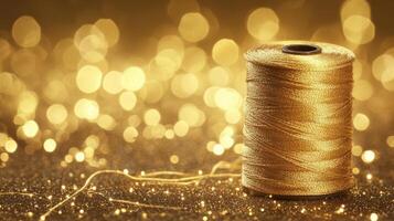 Golden thread spool glows against sparkling background during a crafting session in a cozy indoor space photo