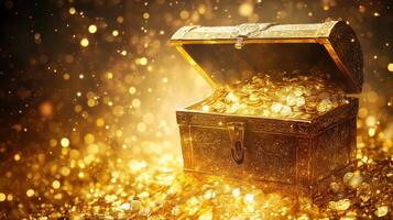 Treasure chest overflowing with gold coins and glittering jewels in a mystical atmosphere photo