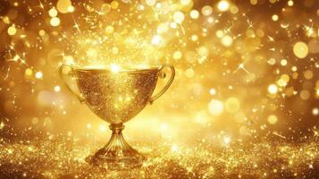 Golden trophy shining with sparkling light effects during a celebration event at night photo