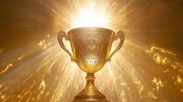 Shining golden trophy emits radiant light and sparks, symbolizing victory and achievement photo