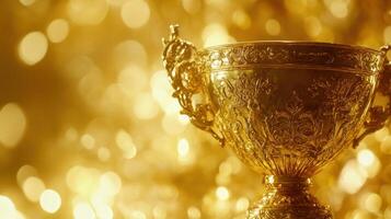 Stunning golden trophy shines brightly against a blurred sparkling background celebrating achievement and victory photo