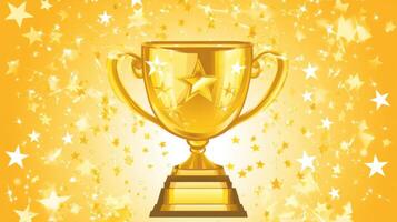 Celebratory golden trophy surrounded by stars on a bright yellow background photo