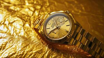 Elegant luxury watch on shimmering gold background accentuates fine craftsmanship and timeless style photo