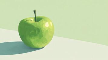 Bright green apple resting on a pale surface with soft shadows cast in natural light photo
