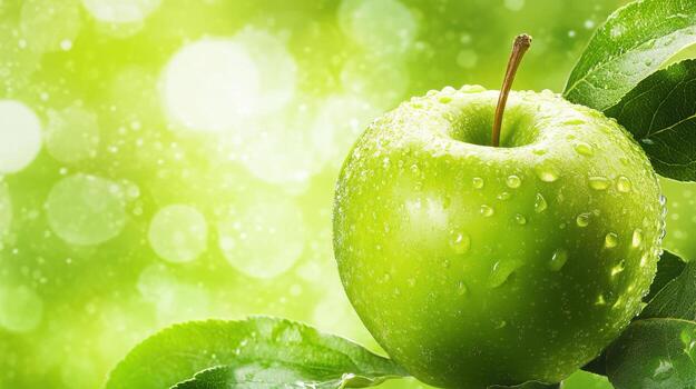 Fresh green apple resting on dew-covered leaves amidst a vibrant green background filled with soft bokeh photo