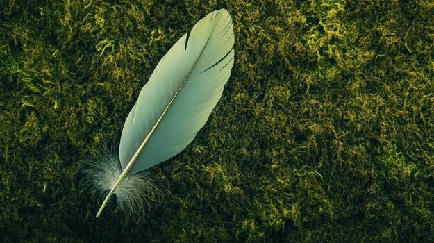 Delicate green feather resting on vibrant moss in a tranquil natural setting photo