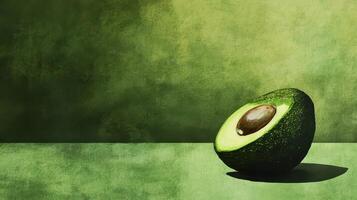 Fresh avocado half resting on a textured green surface with natural light illuminating its vibrant color photo